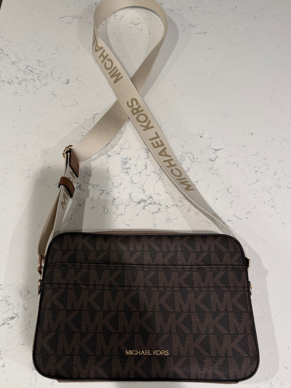 *NEW* Michael Kors Brown MK Monogram Crossbody with Cream Logo Strap